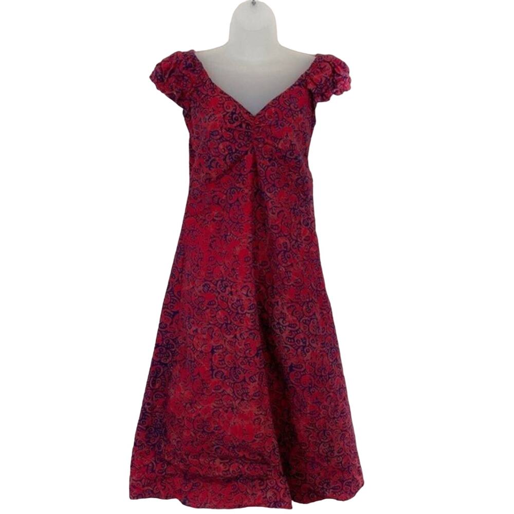Peasant Dress Handmade Batik Print Dress in Red Navy size S to M Vintage Retro
